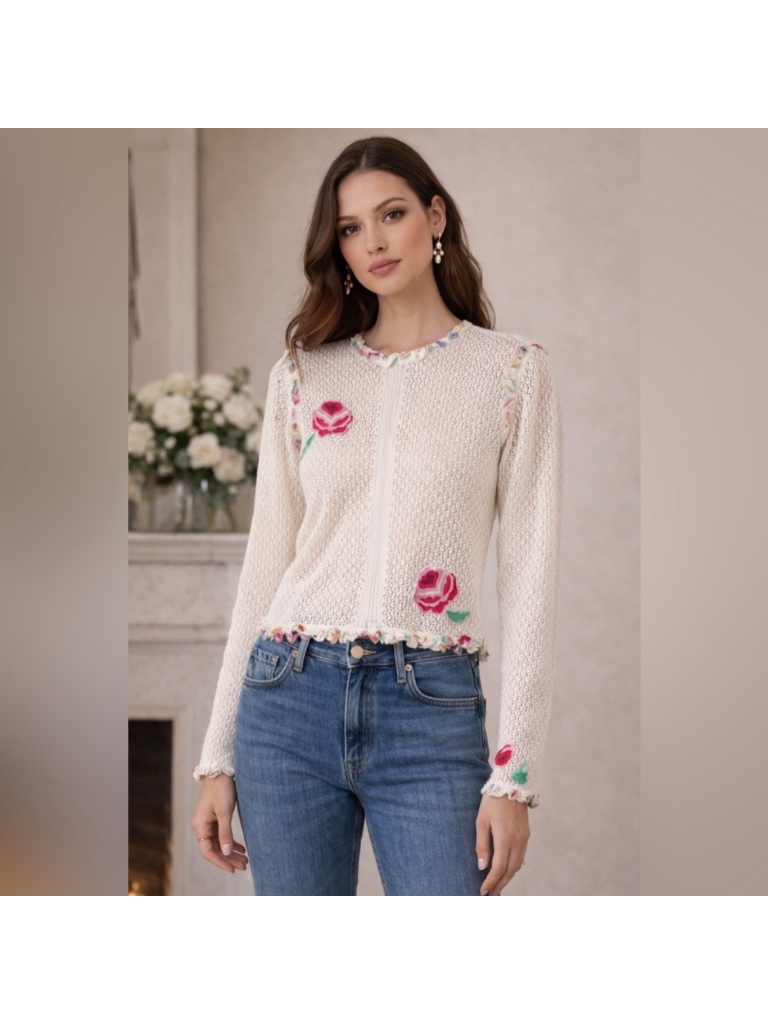 Vintage Chanel 2004 White Cotton Crochet Long Sleeve Top With Silk Accents